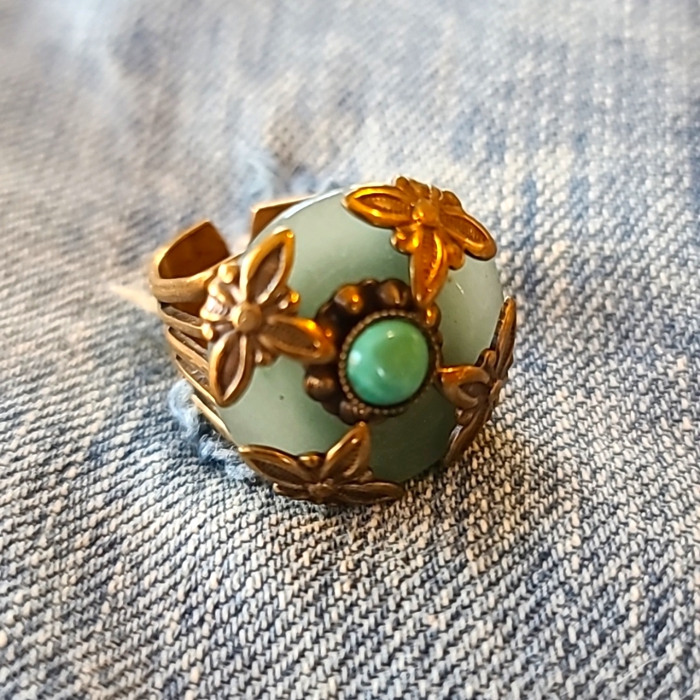 Jan Michaels of San Francisco Vintage Jadeite & Turquoise Adjustable Bronze Ring